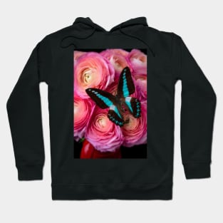 Blue Butterfly On Pink Ranunculus Hoodie